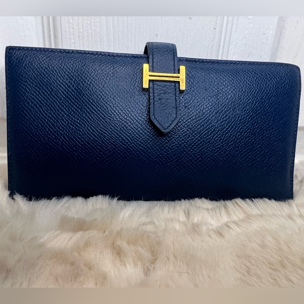 Classic Navy Leather Wallet with Gold Hardware